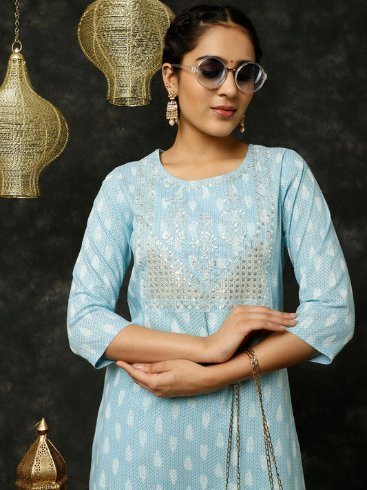 Blue Ethnic Motif Printed Embroidered Straight Kurta