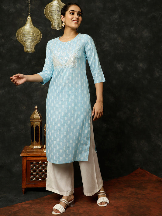 Blue Ethnic Motif Printed Embroidered Straight Kurta