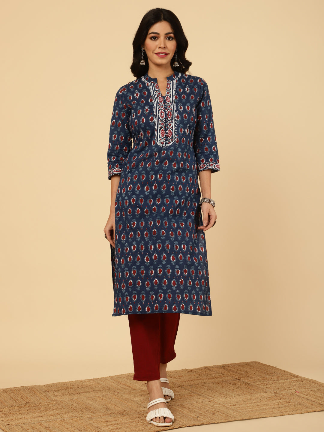 Blue Embroidered Ethnic Printed Straight Cotton Kurta