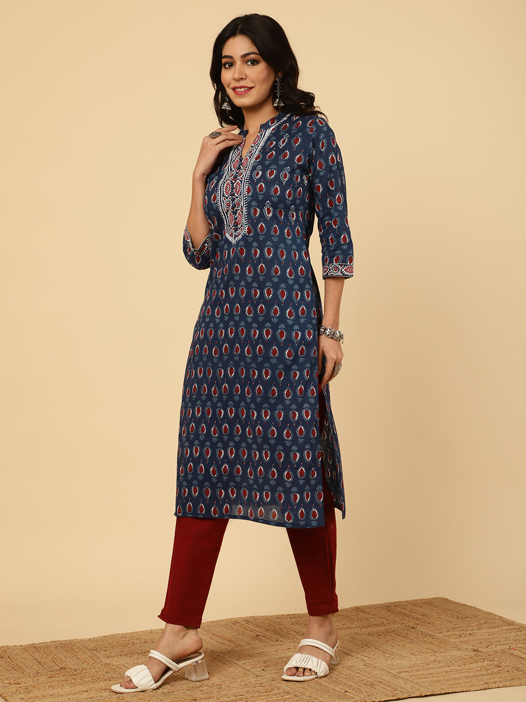 Blue Embroidered Ethnic Printed Straight Cotton Kurta