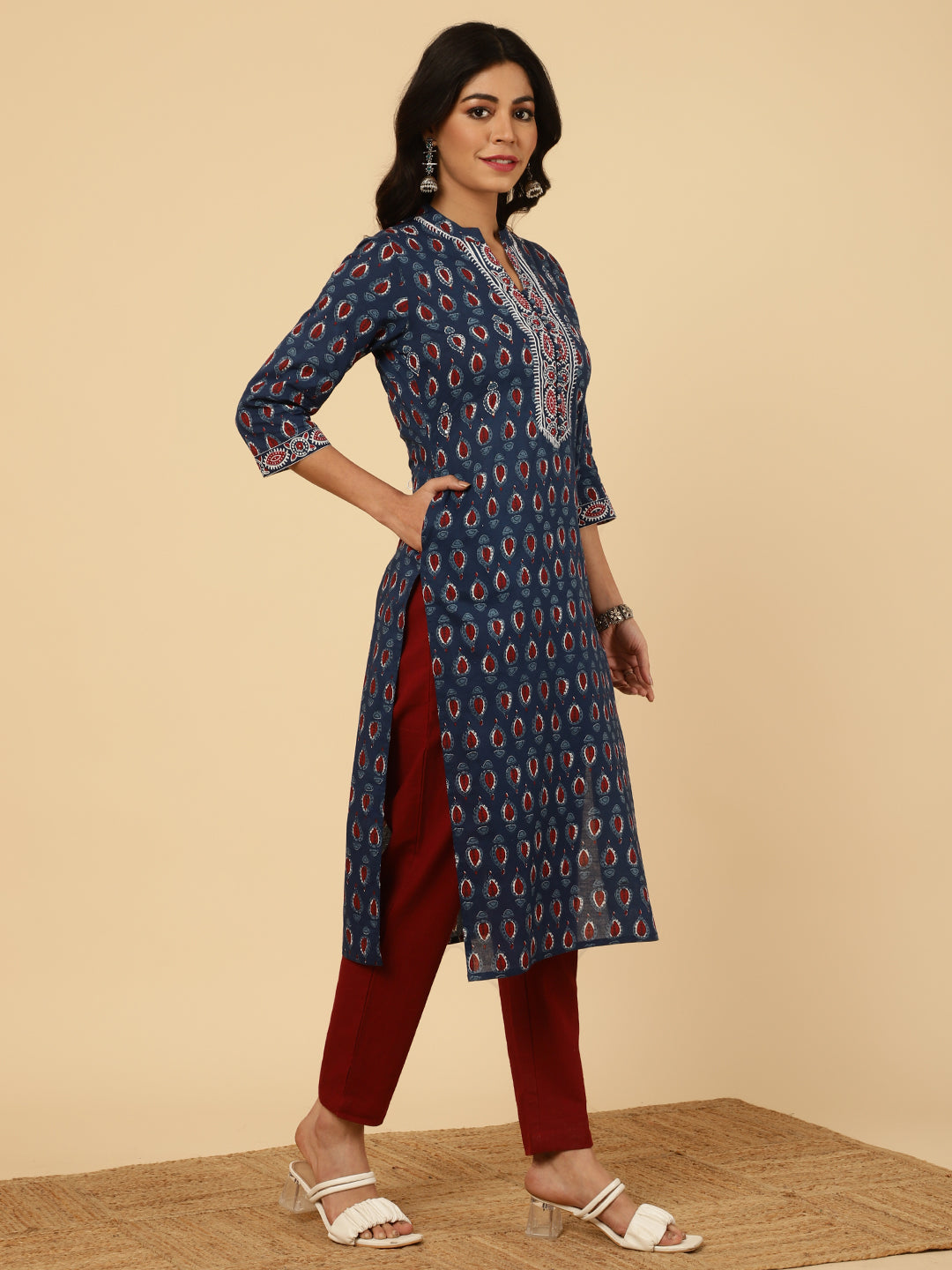 Blue Embroidered Ethnic Printed Straight Cotton Kurta