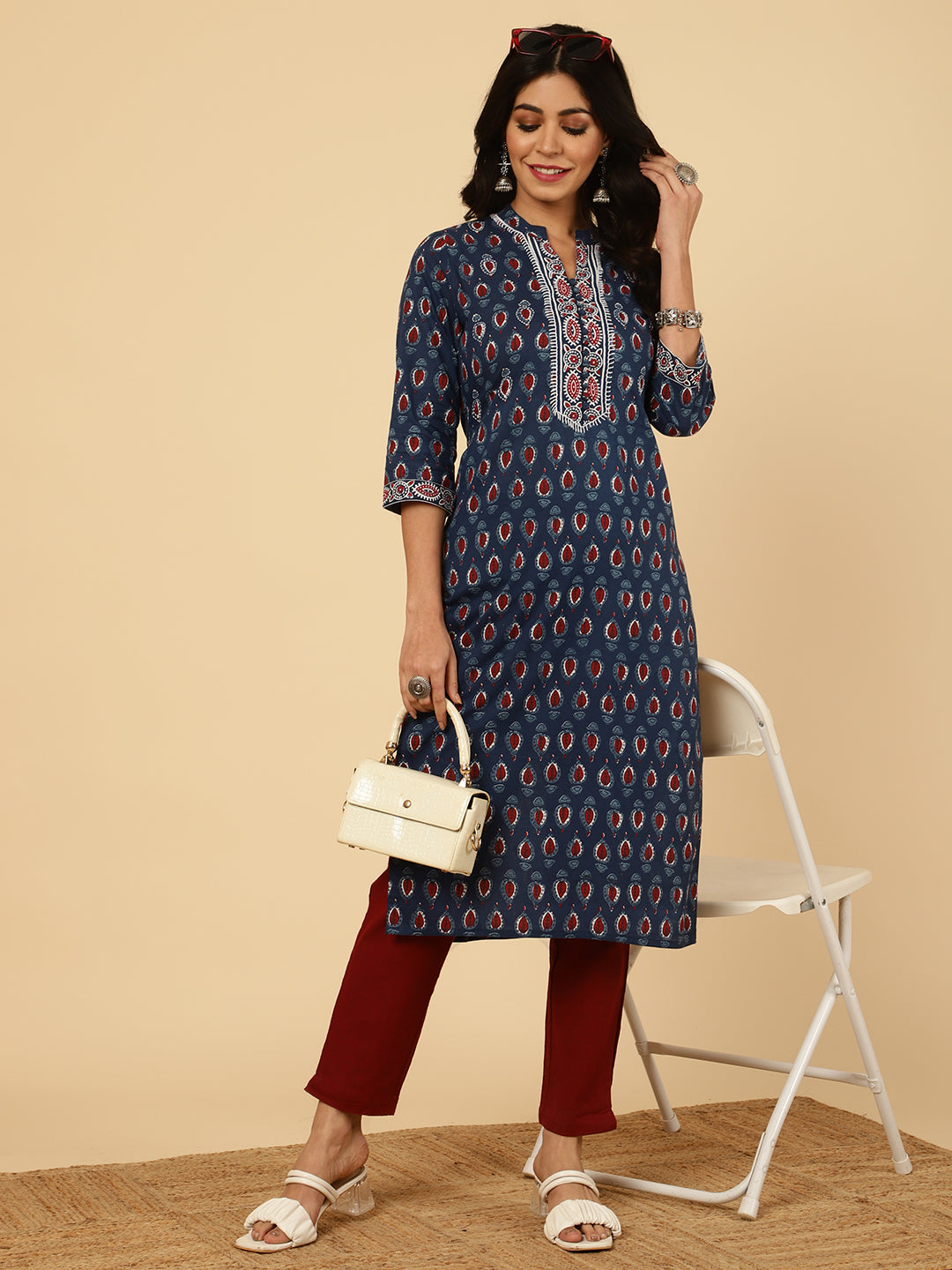 Blue Embroidered Ethnic Printed Straight Cotton Kurta