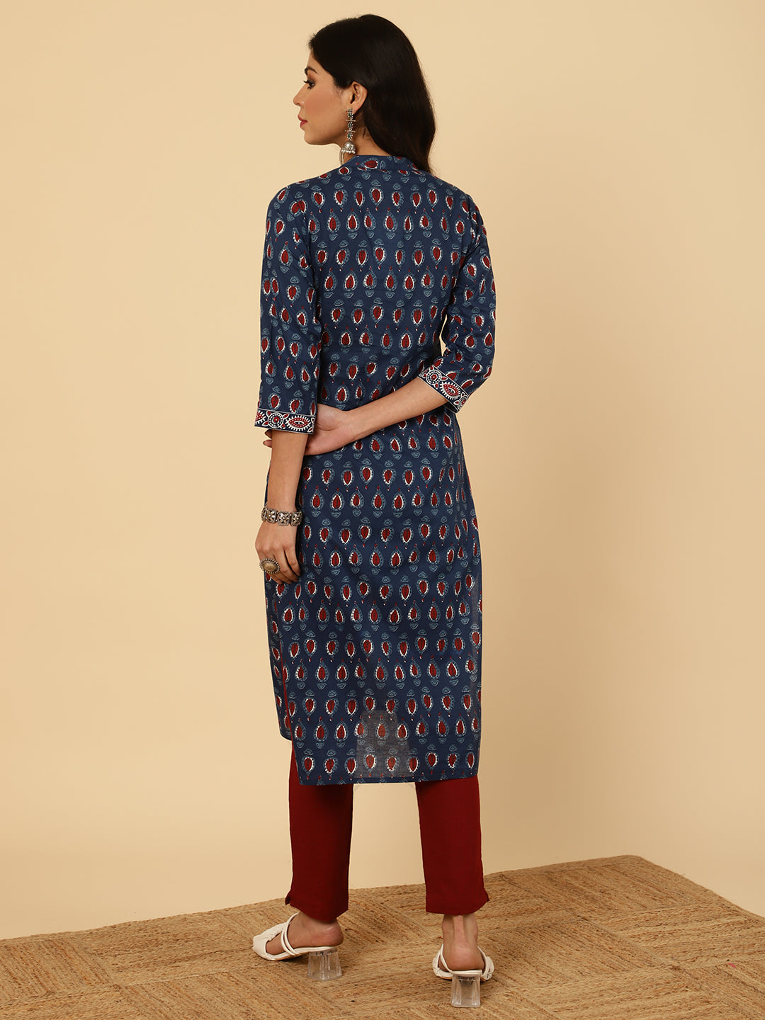 Blue Embroidered Ethnic Printed Straight Cotton Kurta