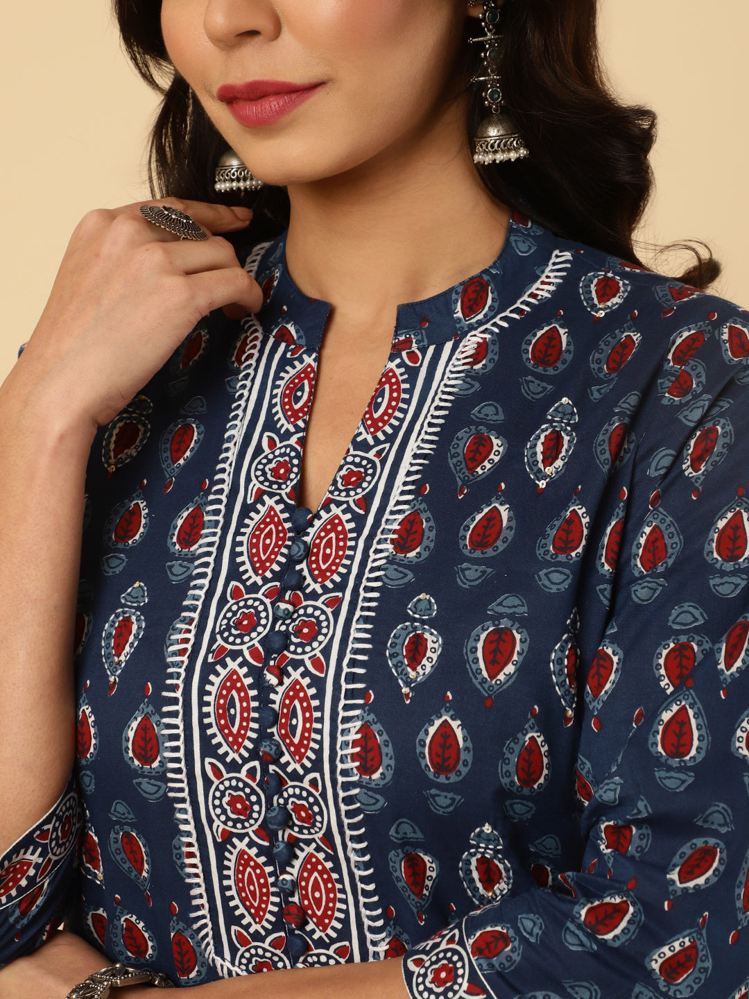 Blue Embroidered Ethnic Printed Straight Cotton Kurta