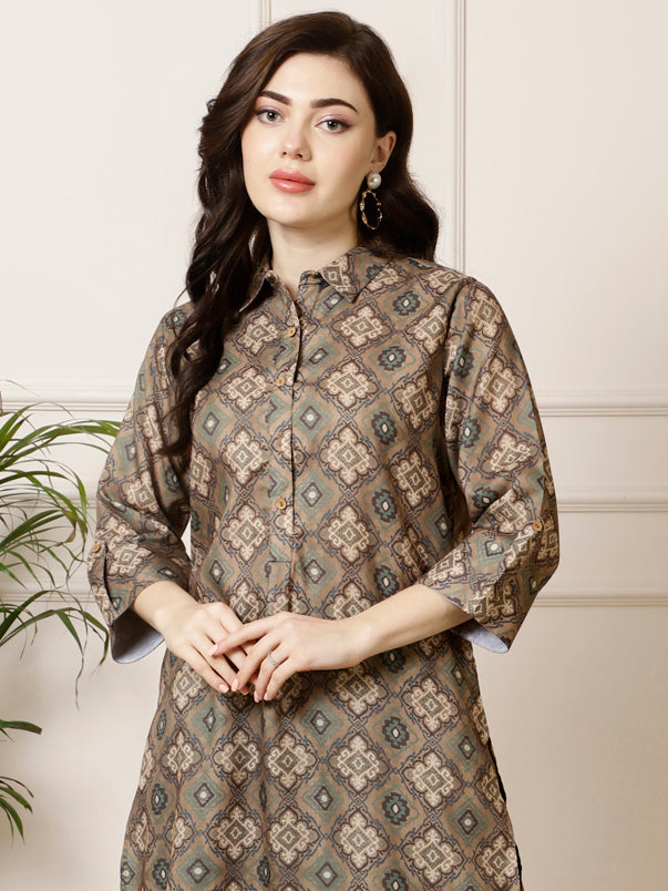 Olive Green Ethnic Motif Straight Kurta