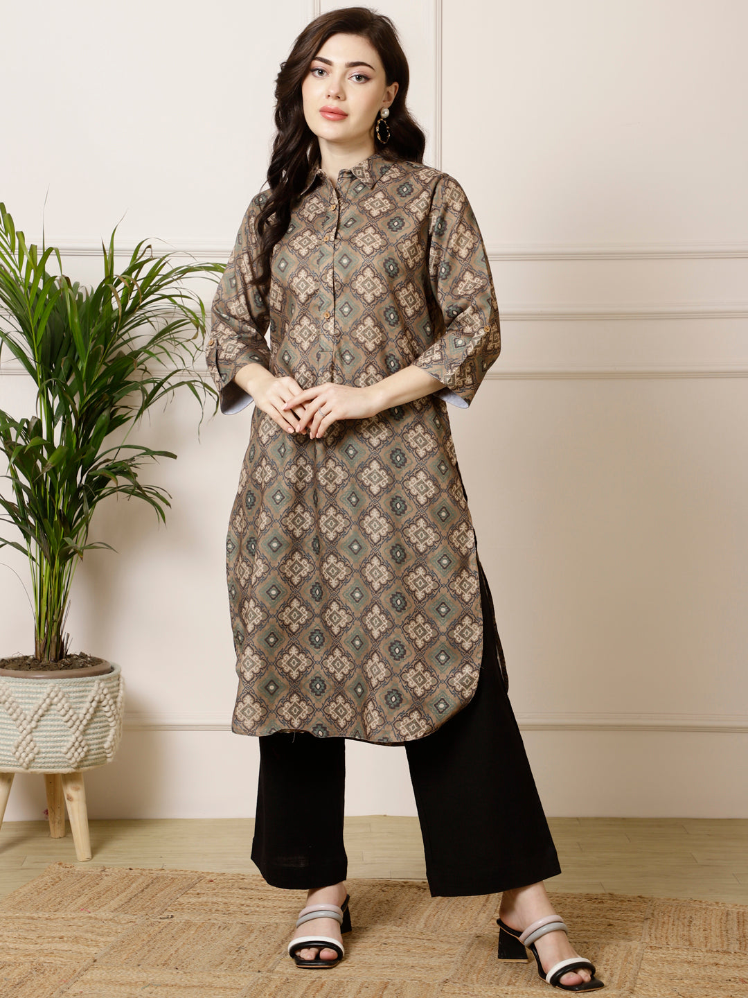 Olive Green Ethnic Motif Straight Kurta