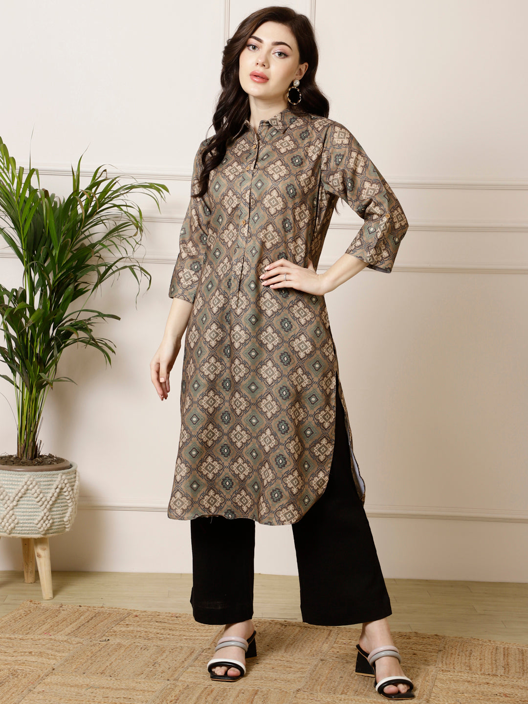 Olive Green Ethnic Motif Straight Kurta