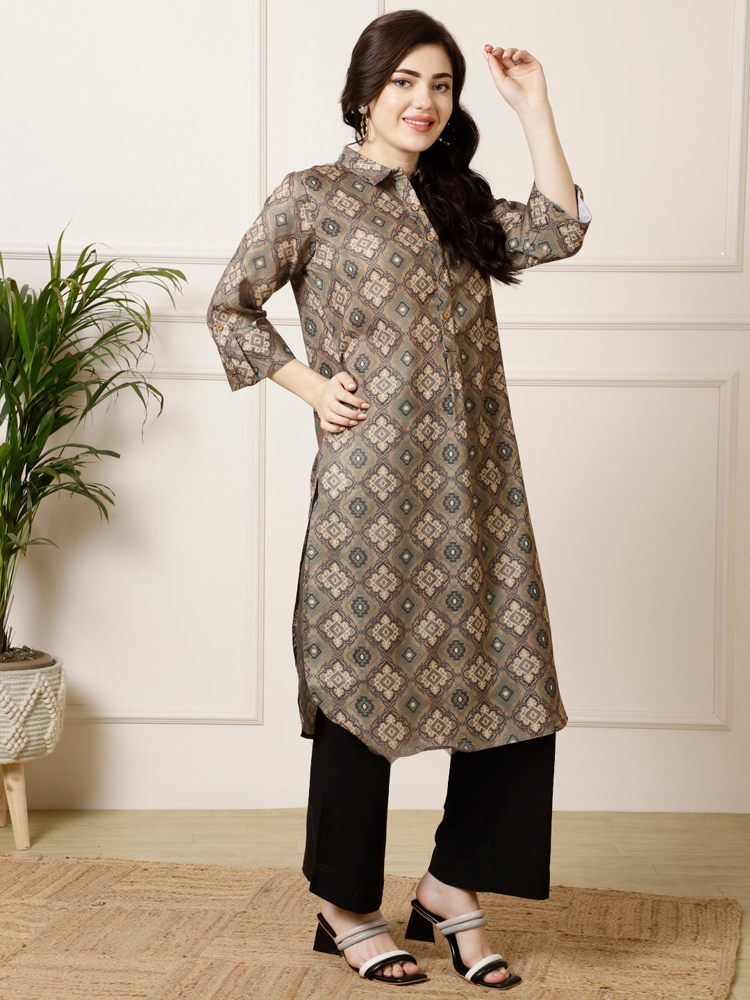 Olive Green Ethnic Motif Straight Kurta