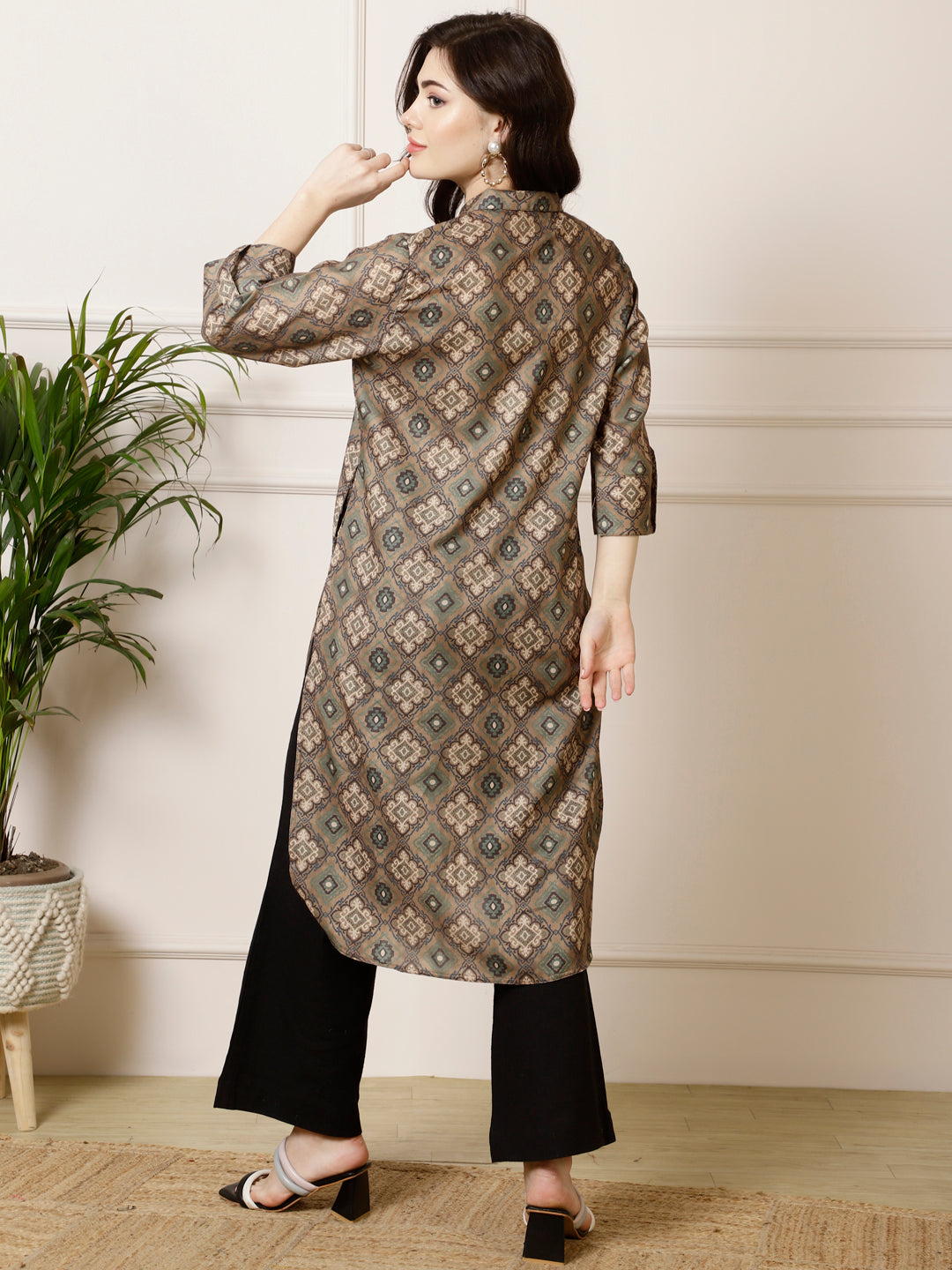 Olive Green Ethnic Motif Straight Kurta