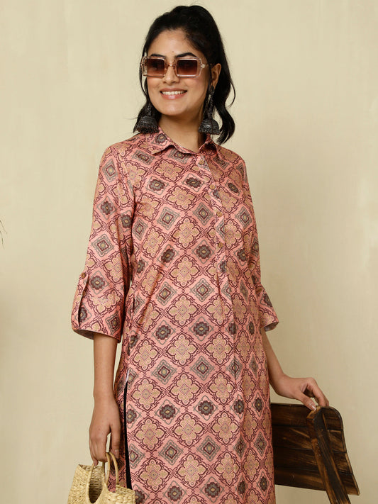 Peach Ethnic Motif Straight Kurta