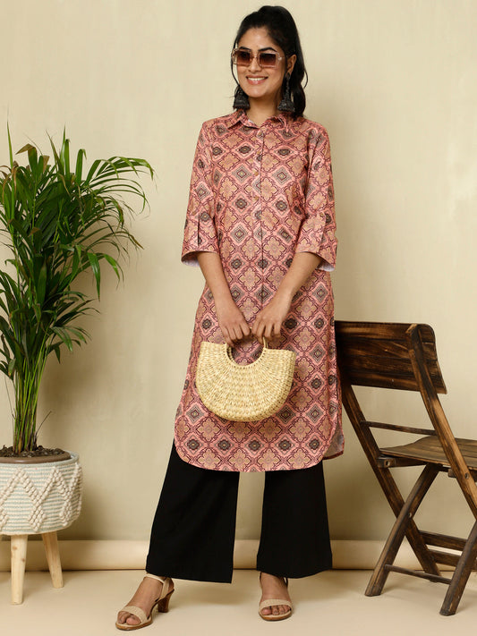 Peach Ethnic Motif Straight Kurta