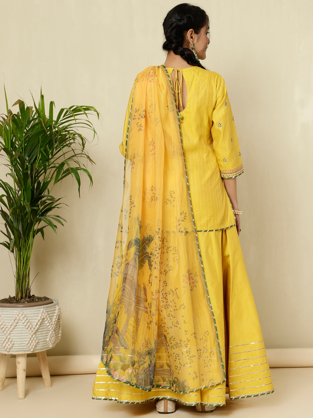 Mustard Chanderi Kantha Embroidered Short Kurta With Skirt And Dupatta