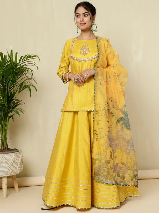 Mustard Chanderi Kantha Embroidered Short Kurta With Skirt And Dupatta