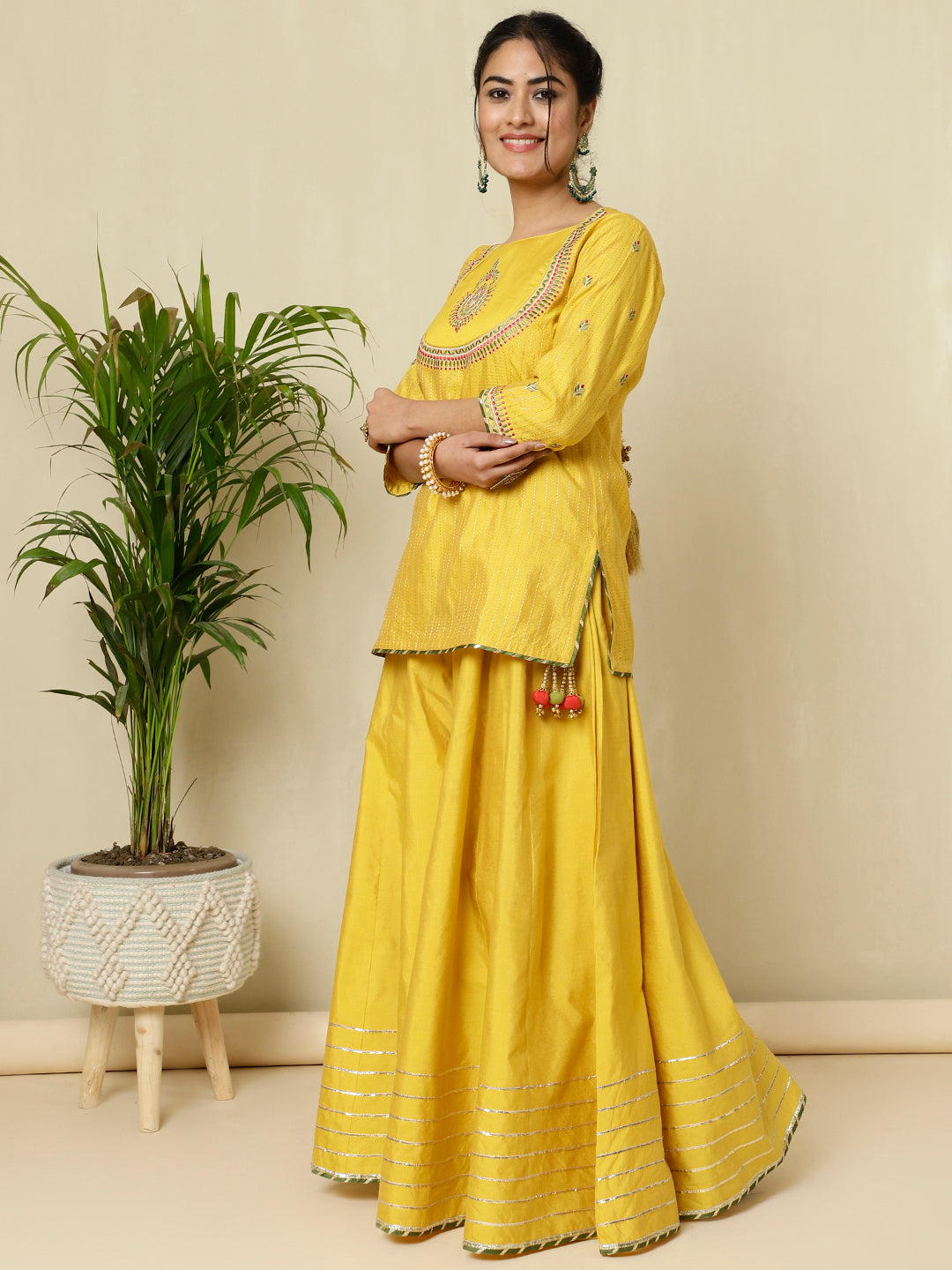 Mustard Chanderi Kantha Embroidered Short Kurta With Skirt And Dupatta