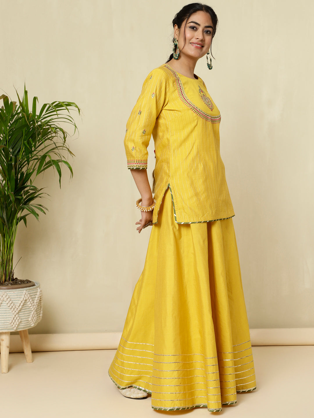 Mustard Chanderi Kantha Embroidered Short Kurta With Skirt And Dupatta