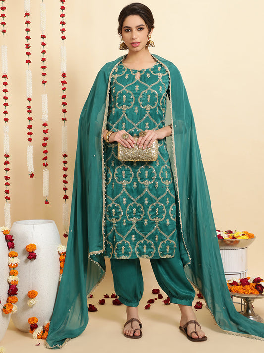 Sea Green Velvet Kurta With Afghani Salwaar With Dupatta
