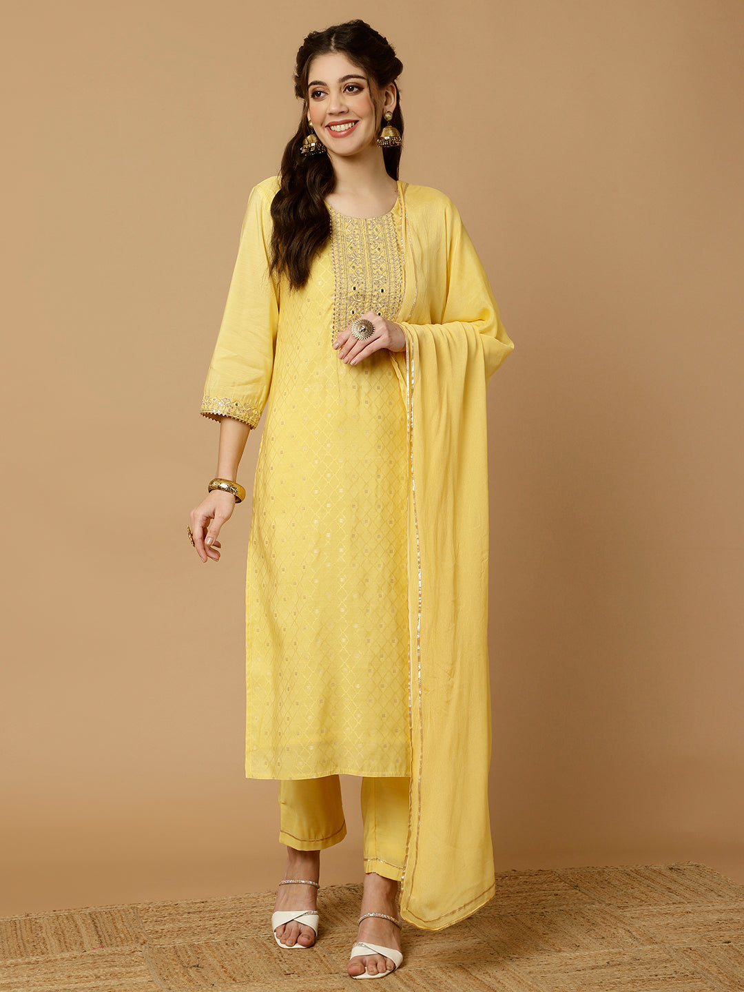 Yellow Mirror Work Chanderi Straight Kurta With Pants And Dupatta