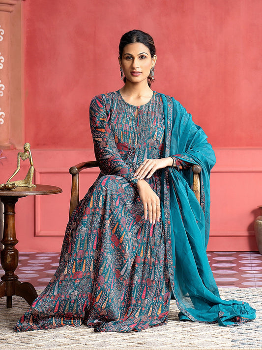 Teal Tribal Printed Flared Kurta With Dupatta
