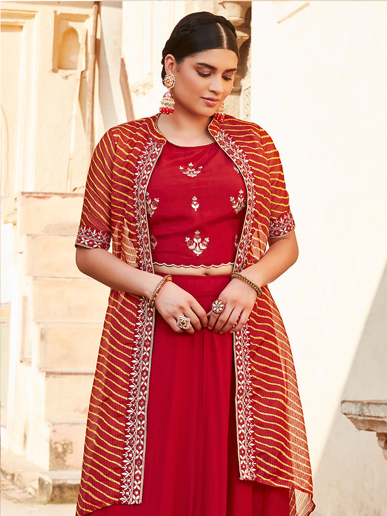 Women Red Gota Patti Embroidered Crop Top And Skirt With Bandhej Kota Silk Embroidered Shrug.