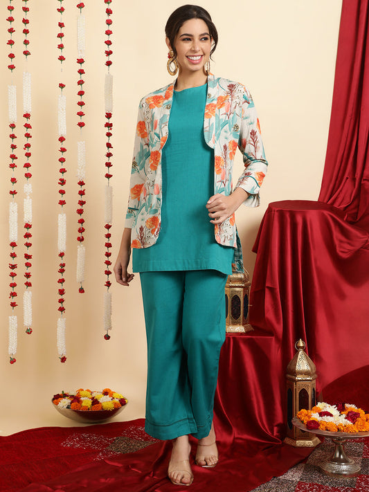 Turquoise Blue Kurta And Palazzo With Shrug Co-ord Set