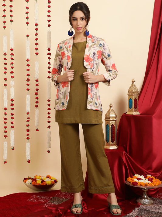 Olive Green Kurta And Palazzo With Shrug Co-ord Set