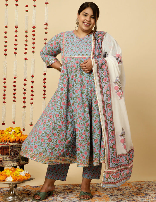 Plus Size Blue Ethnic Print Anarkali Kurta With Pants And Dupatta
