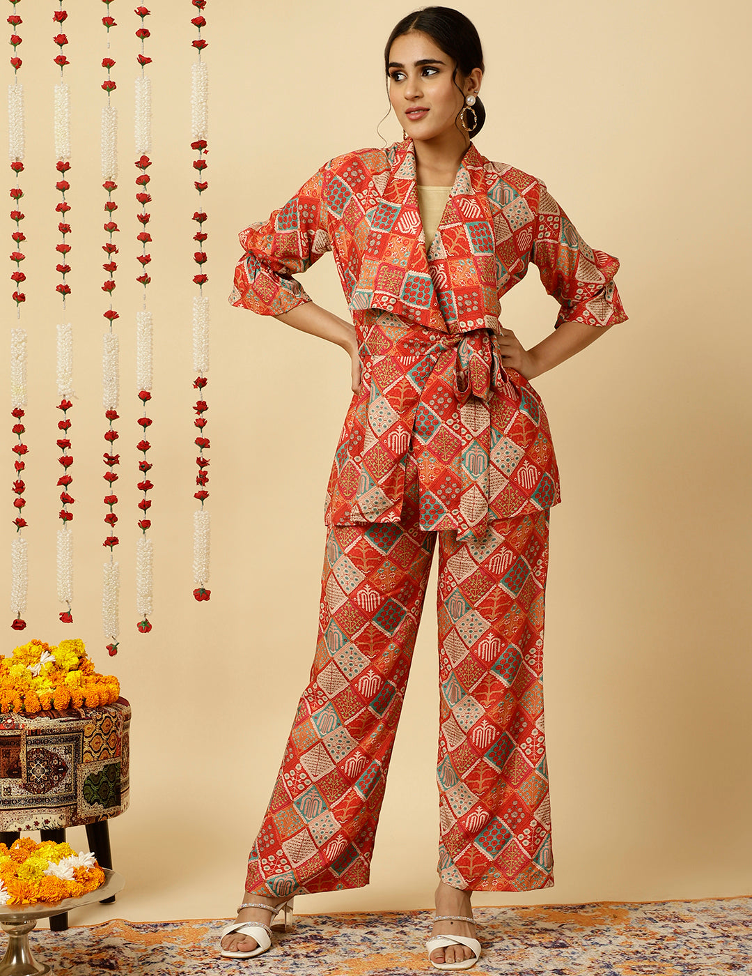 Red Multicolor Print Wrap Top With Palazzo Co-Ord Set