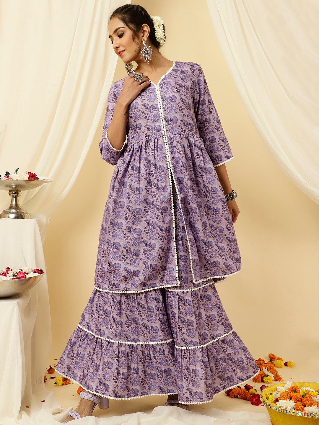 Lavender Floral Print Flared Kurta With Sharara