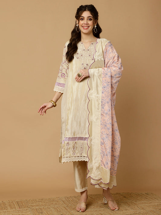 Beige & Lavender Zarodosi Jacquard Silk Kurta With Pants And Dupatta
