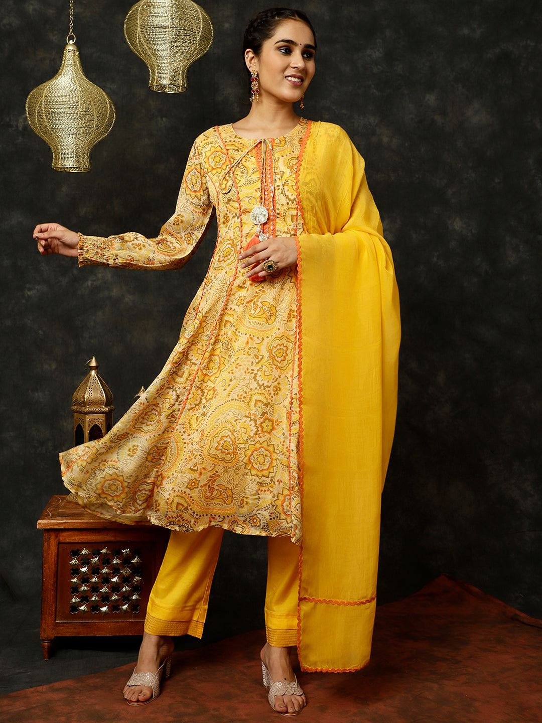 Yellow Floral Printed Mirror Work Anarkali Kurta With Pants And Dupatta