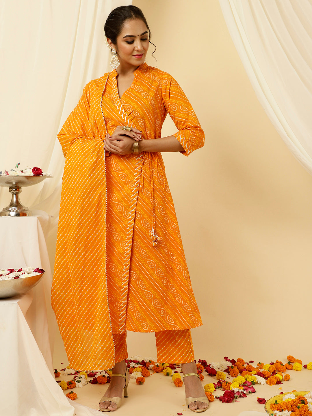 Orange Bandhani Angrakha Kurta With Leheriya Pants And Dupatta