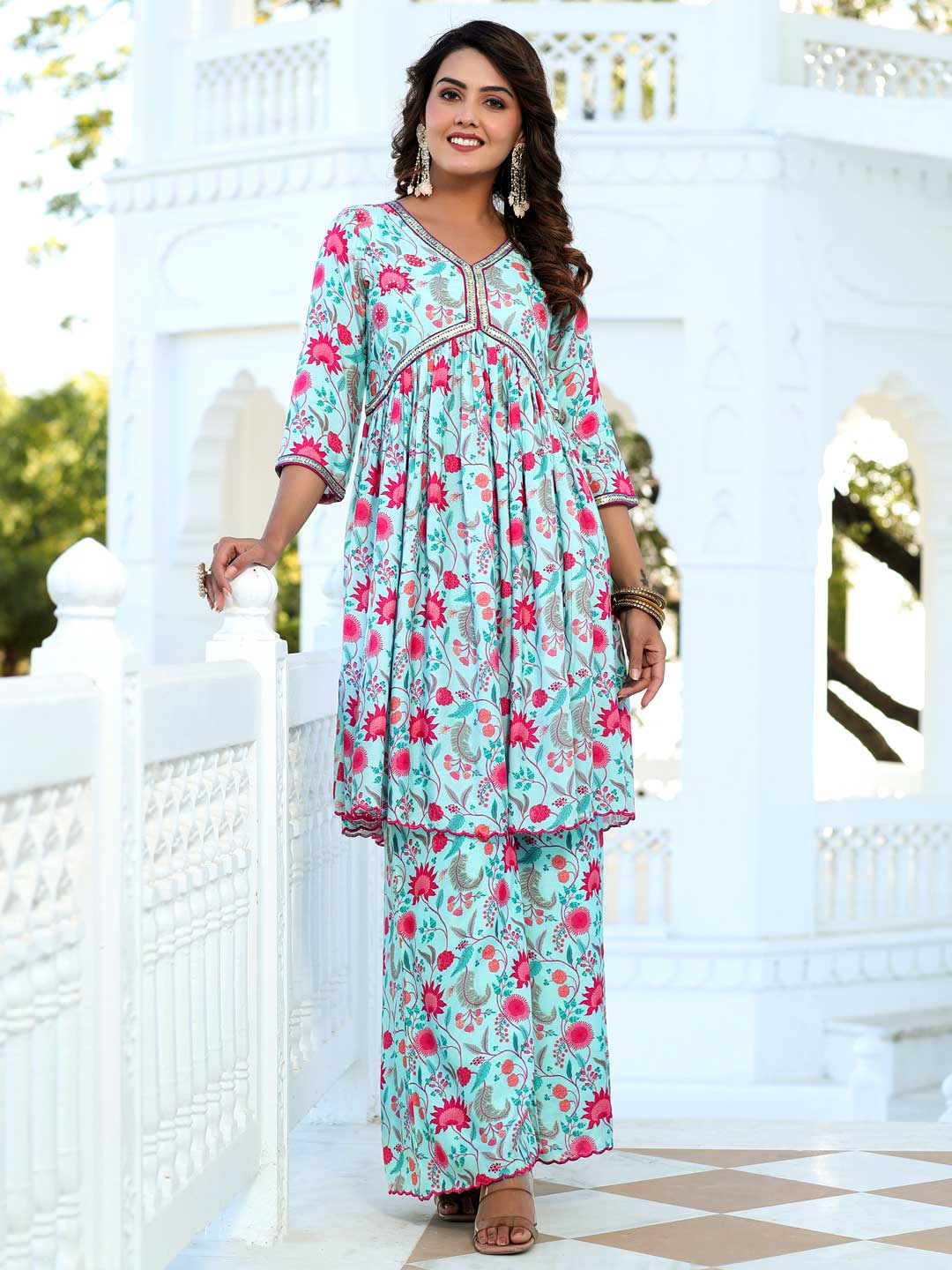 Zardozi Embroidered Silk Floral Printed Flared Kurta With Palazzo