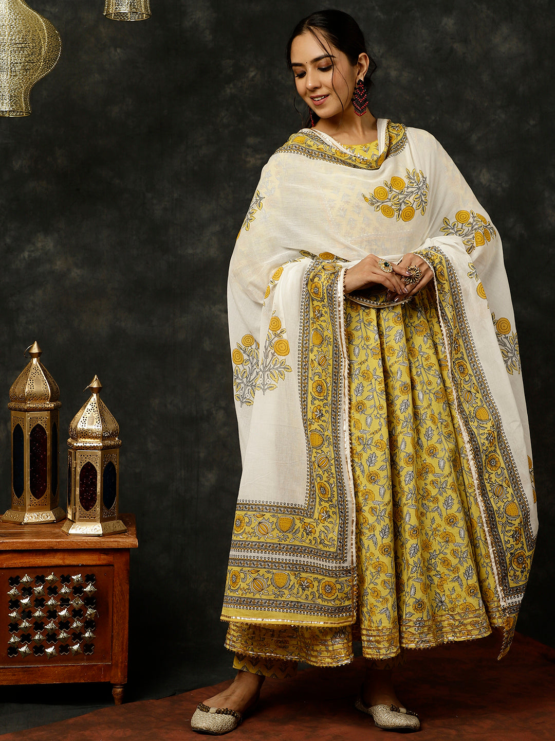 Yellow Anarkali Kurta With Pants And Dupatta