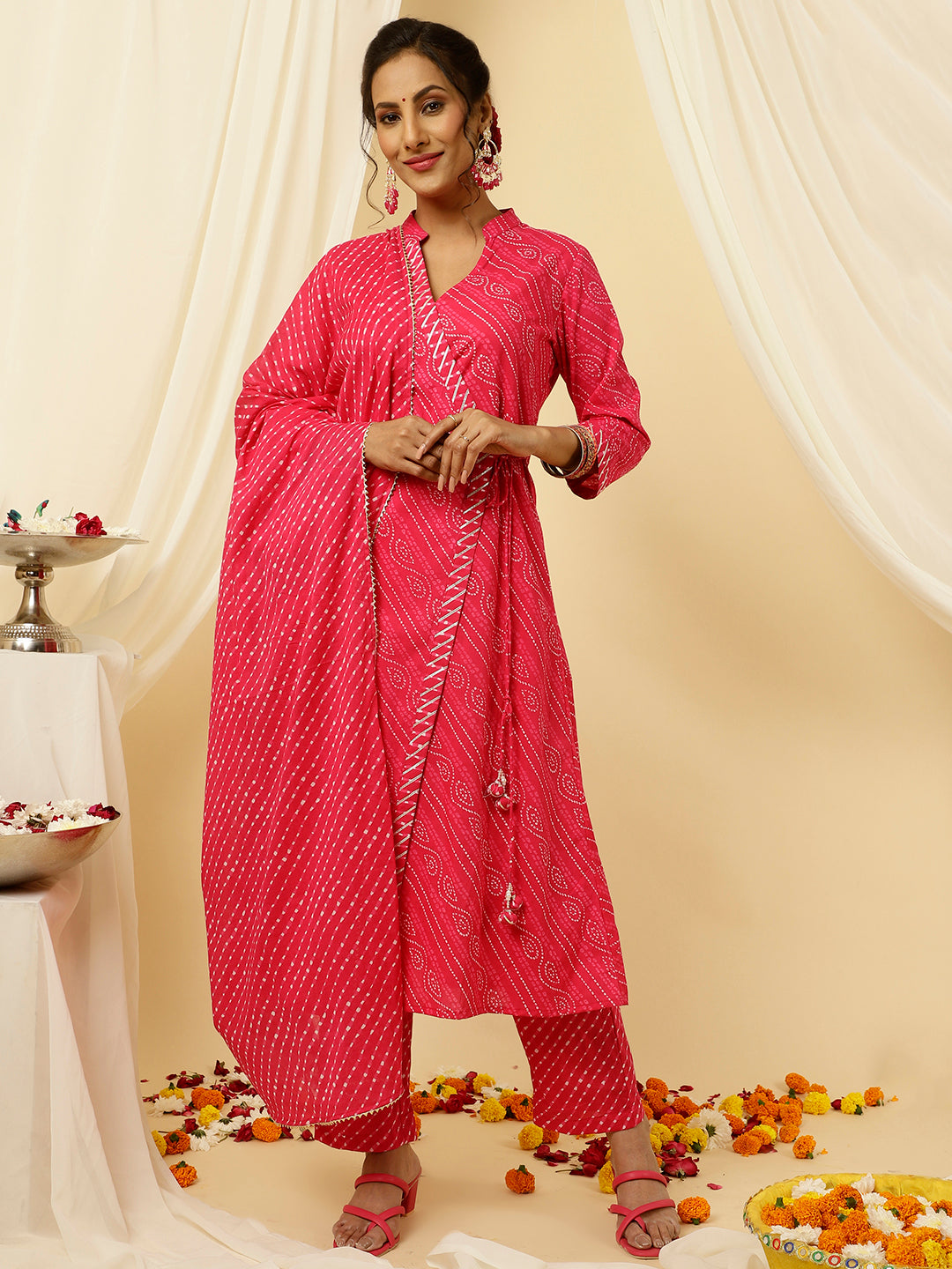 Fuchsia Pink Bandhani Angrakha Kurta With Leheriya Pants And Dupatta