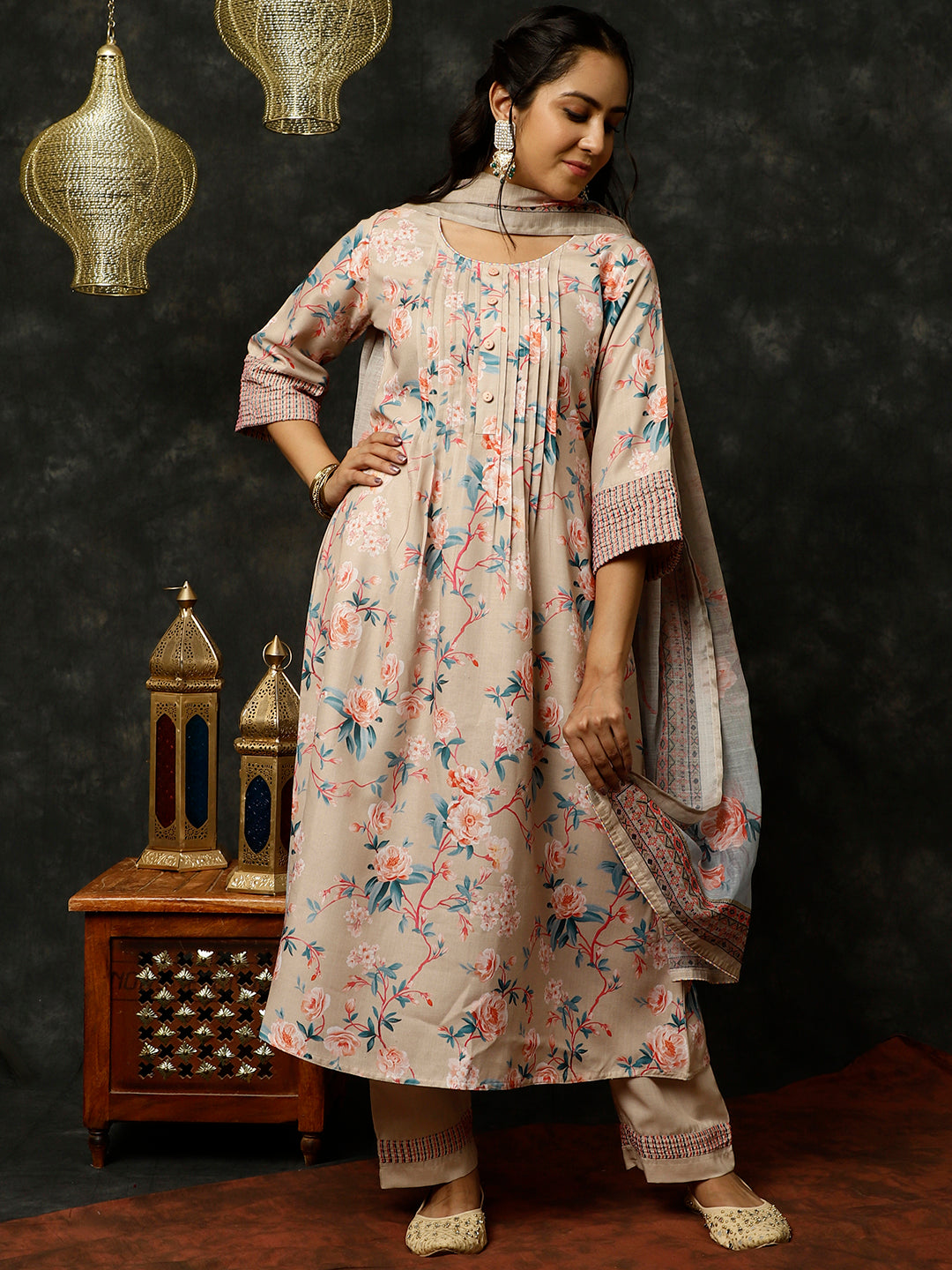 Embroidered Beige Rose Print Pleated Kurta With Pants And Dupatta