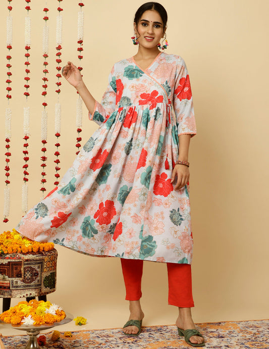 Light Blue Floral Printed Gathered Angrakha Kurta