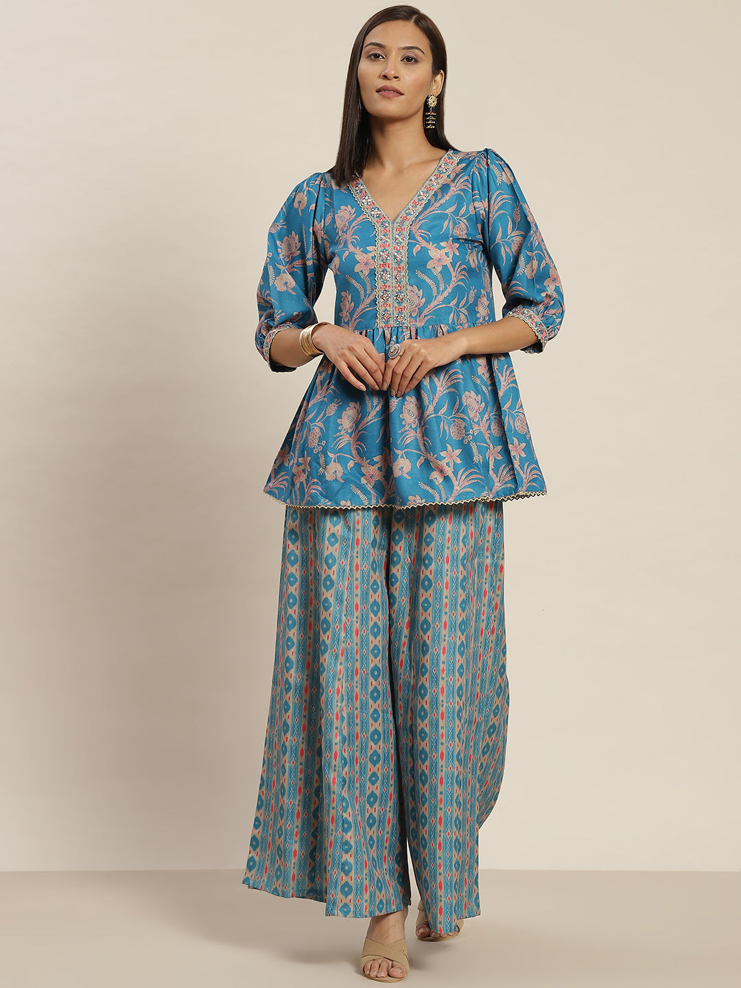 Blue Viscose Rayon Blend Digital Printed Peplum Top and Palazzo Co-Ord Set