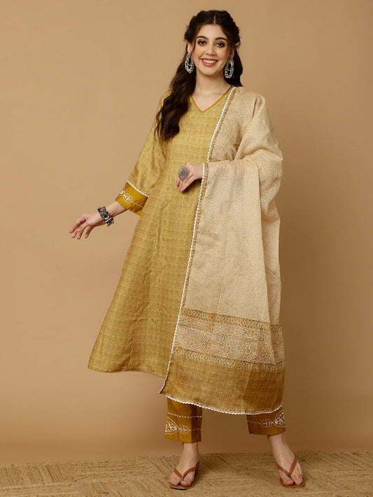 MUSTARD EMBROIDERED PAKISTANI KURTA WITH PANTS AND DUPATTA