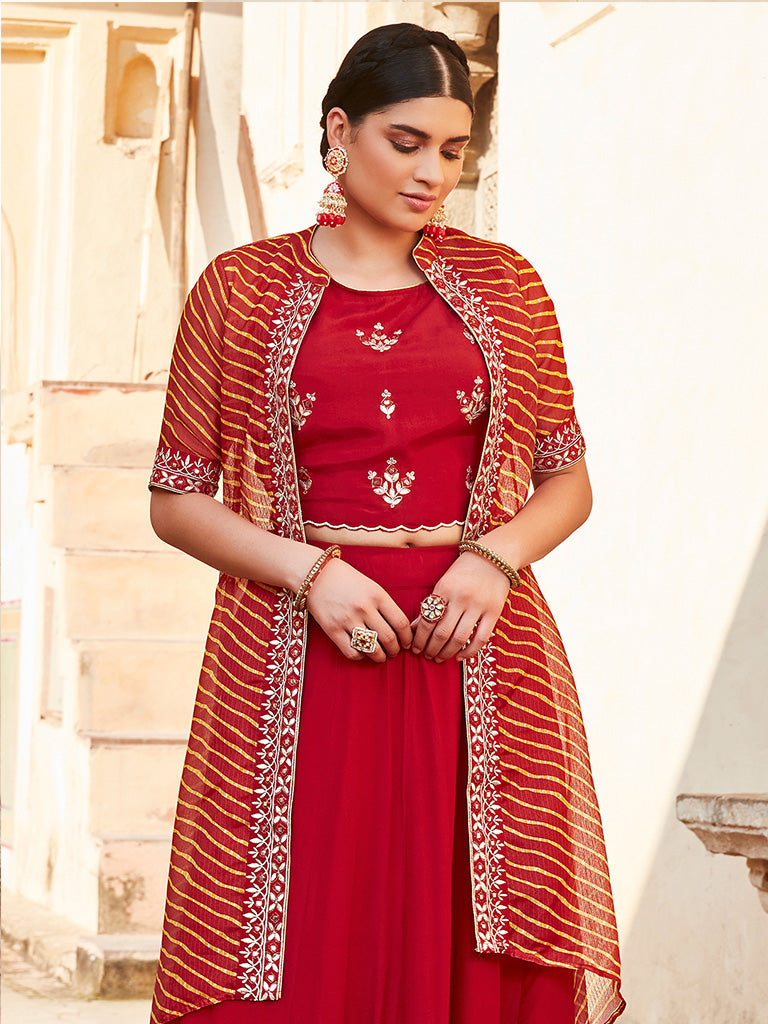 Red Gota Patti Embroidered Crop Top And Skirt With Bandhej Kota Silk Embroidered Shrug