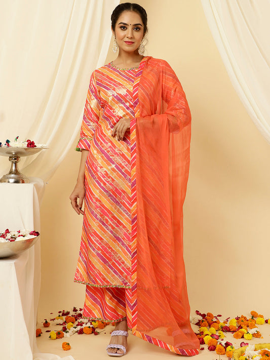 Orange Leheriya Straight Kurta With Palazzo And Dupatta