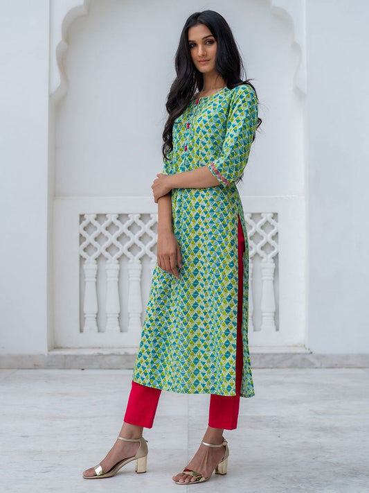 Green & Blue Geometric Print Straight Cotton Kurta