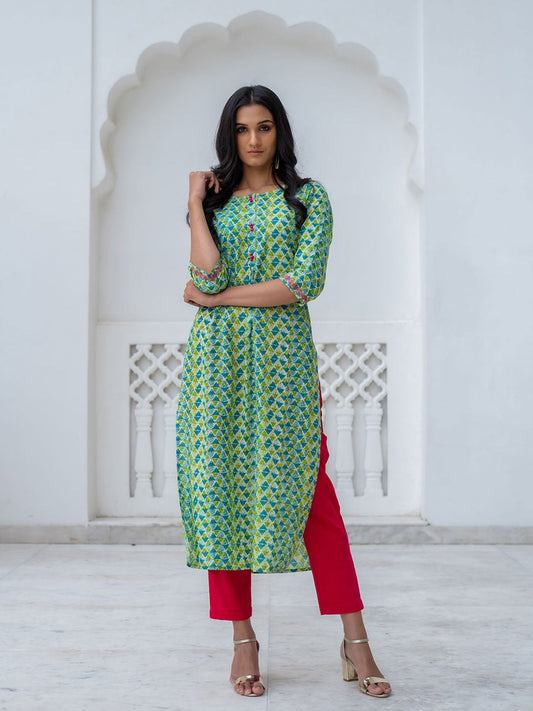 Green & Blue Geometric Print Straight Cotton Kurta