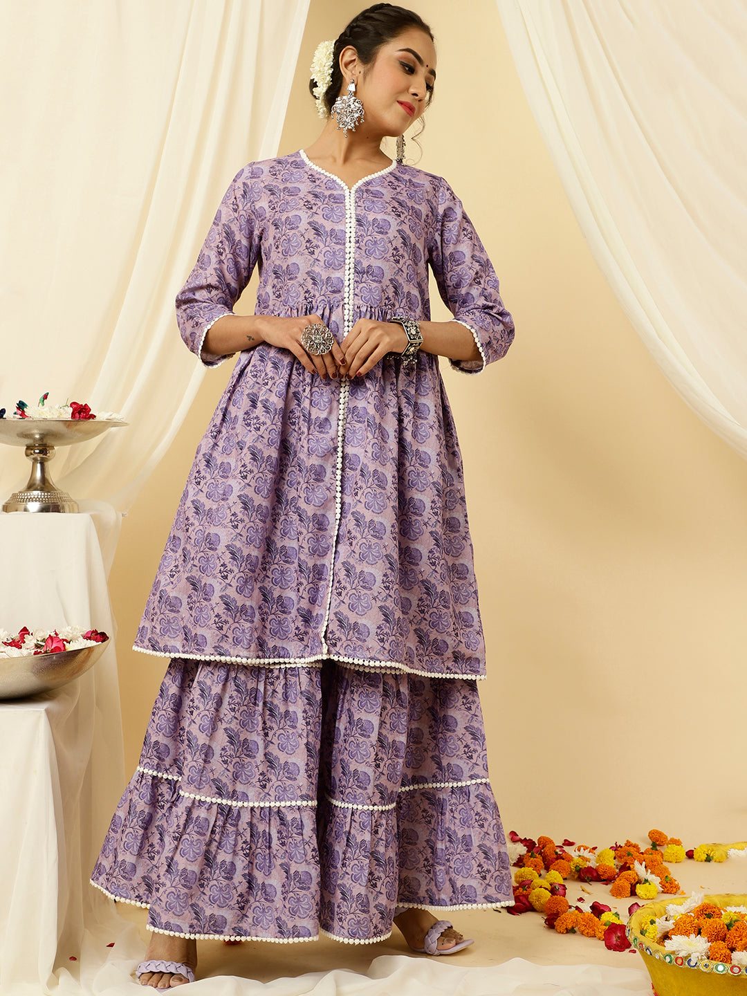 Lavender Floral Print Flared Kurta With Sharara