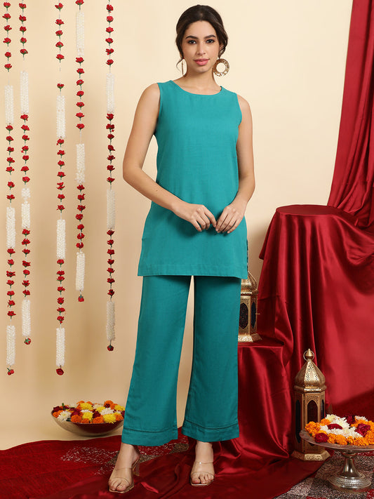 Turquoise Blue Kurta And Palazzo With Shrug Co-ord Set