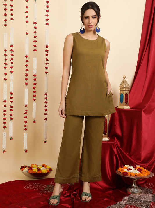 Olive Green Kurta And Palazzo With Shrug Co-ord Set