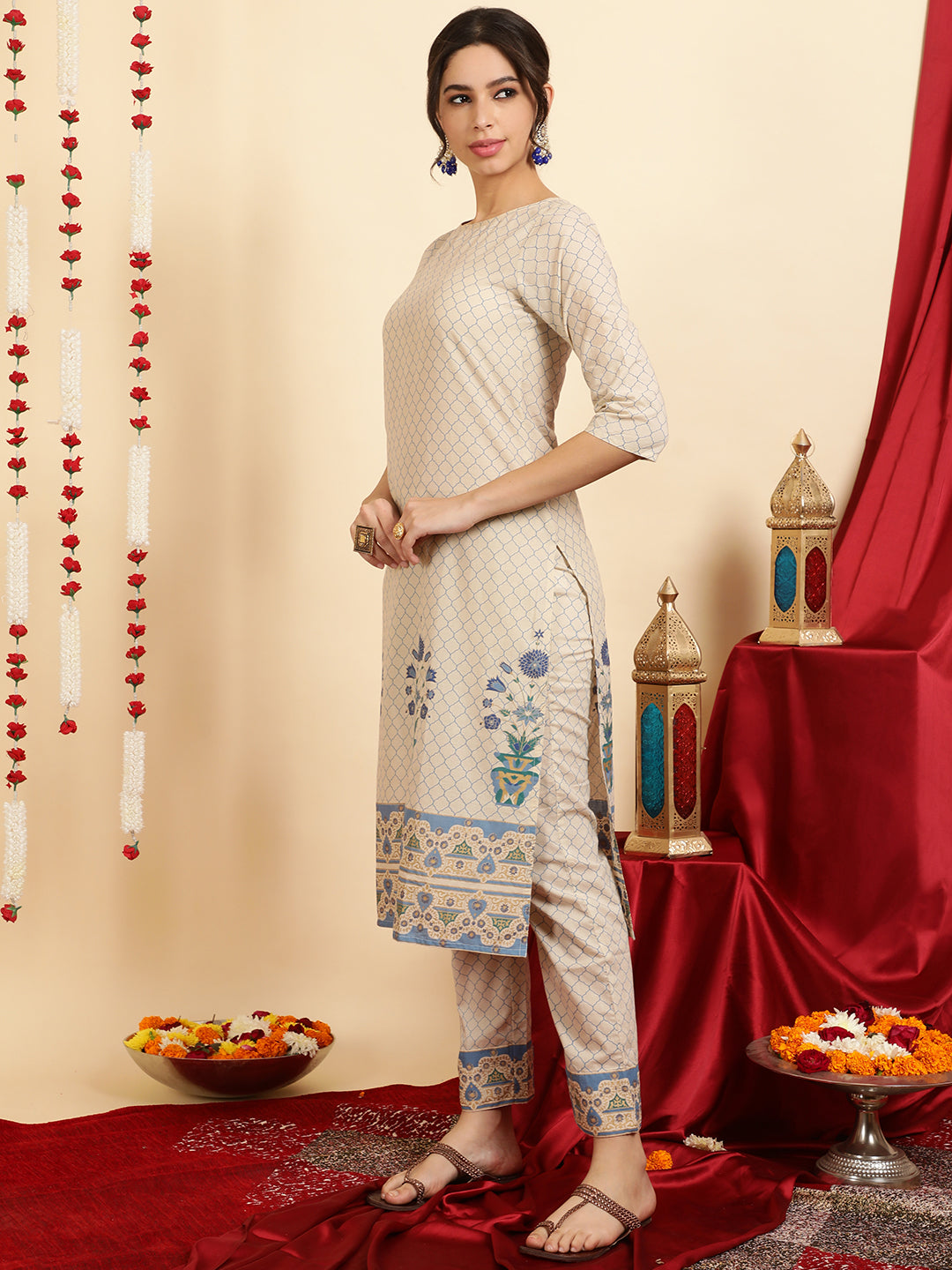 Blue Ethnic Motif Guldasta Cotton Straight Kurta With Pants And Dupatta