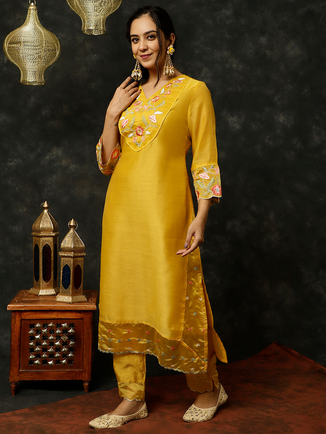 Mustard Aari Work Straight Kurta With Pants And Dupatta