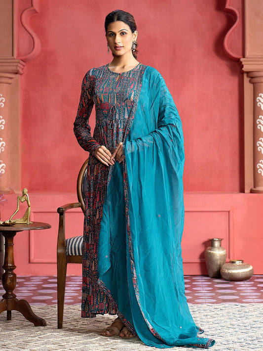 Teal Tribal Printed Flared Kurta With Dupatta
