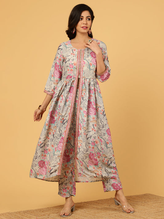 Grey Floral Printed Gathered Kurta With Pants