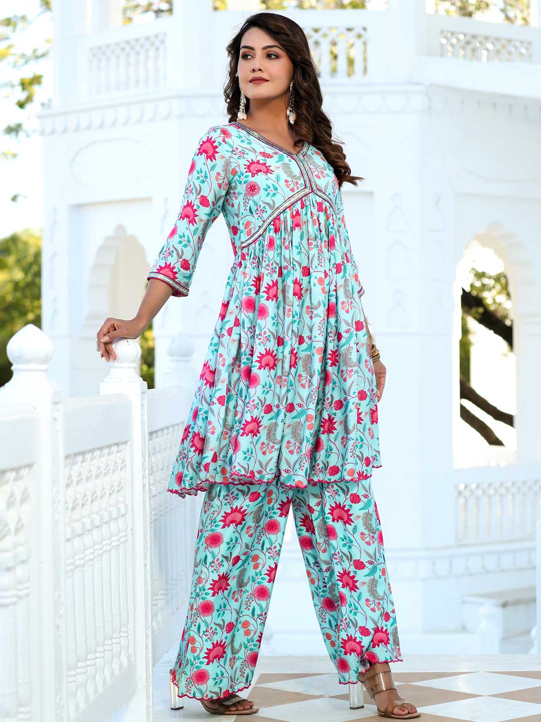 Zardozi Embroidered Silk Floral Printed Flared Kurta With Palazzo